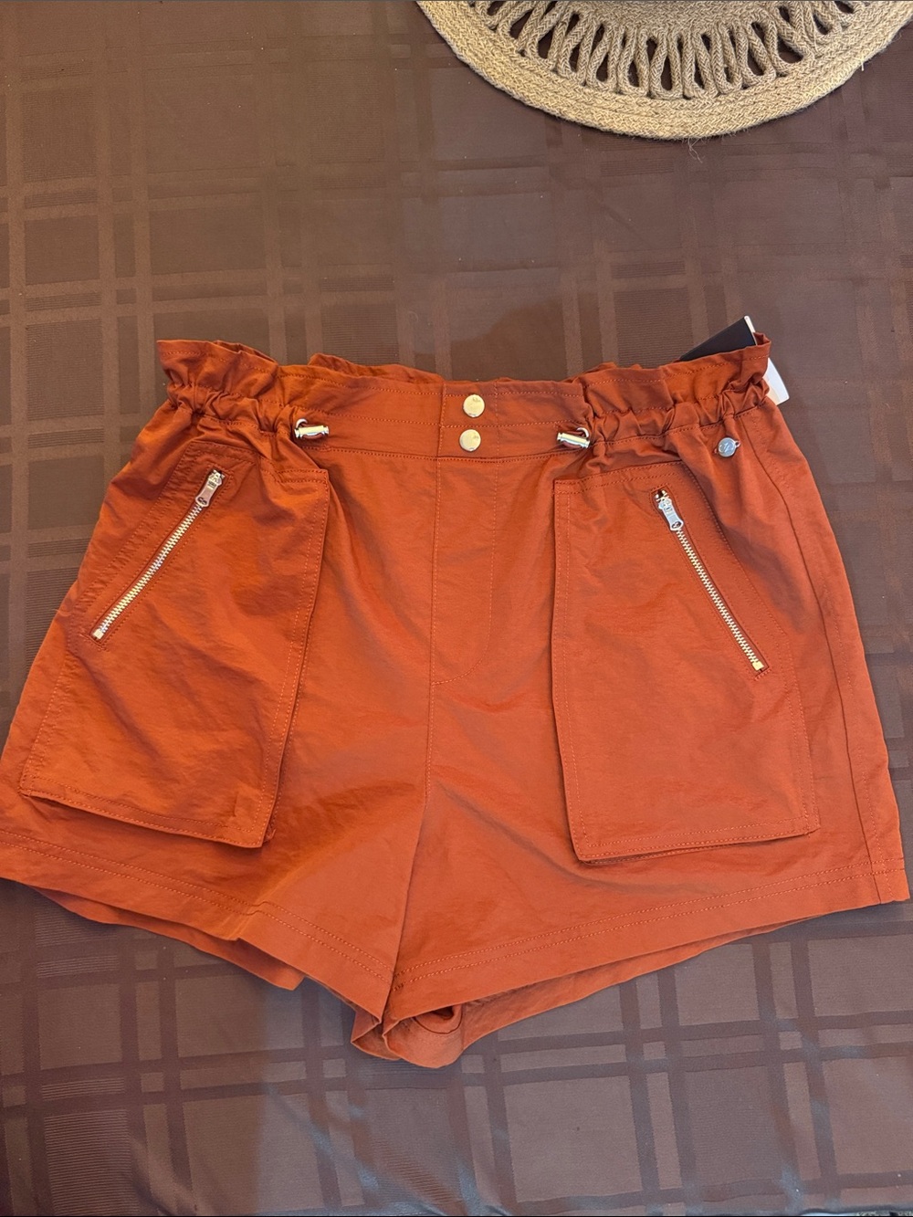 CALIA Journey Collection High-Waist Rust Orange Paperbag Shorts with Zip Pockets